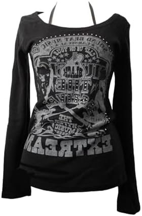 Y2k Grunge Vintage Shirts Women Graphic Long Sleeve Streetwear Goth Tops - Black2
