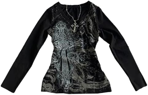 Y2k Grunge Vintage Shirts Women Graphic Long Sleeve Streetwear Goth Tops - Black3
