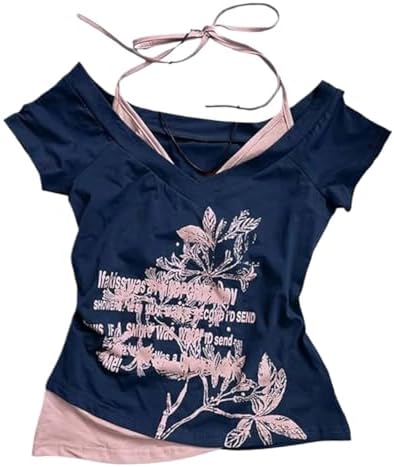 Emo Grunge Shirts Women 2000s Graphic Baby Tees Fake Two Piece Short Sleeve Vintage Y2k Crop Top Goth Alt Clothes - Navy Blue