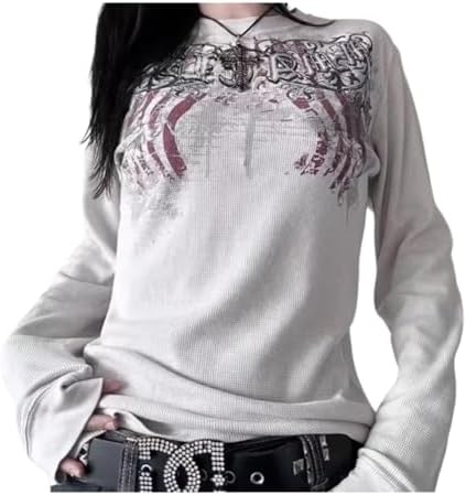 Womens Y2K Gothic Graphic Ribbed Sweatshirts Vintage Punk Long Sleeve Tops Grunge Streetwear Going Out Clothes - White1