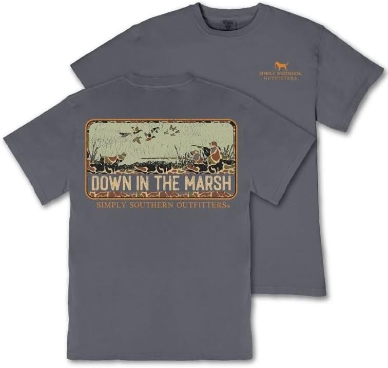 Simply Southern Down in The Marsh - Duck Hunting - Dog - Camo - Adult T-Shirt - Adult Mineral Wash - Graphite