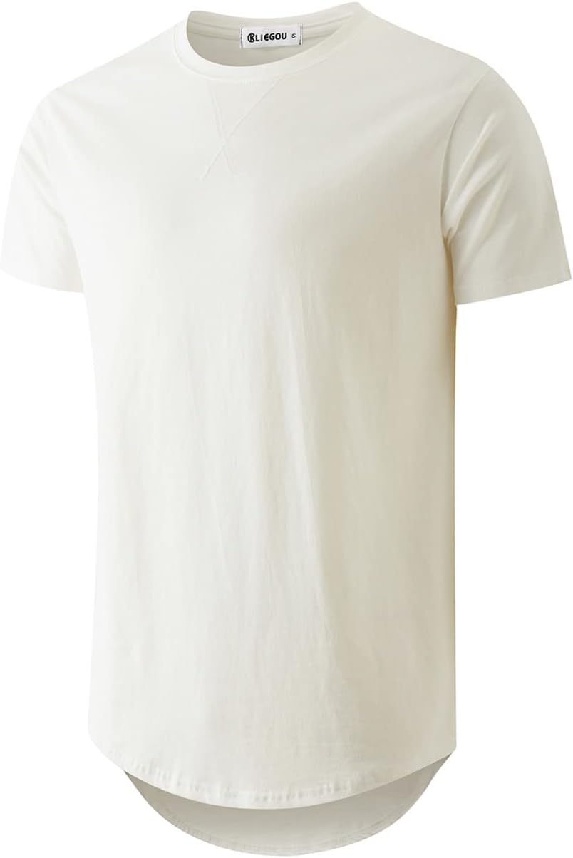 KLIEGOU Men's 100% Cotton Longline T-Shirt, Pre-Shrunk Soft - White
