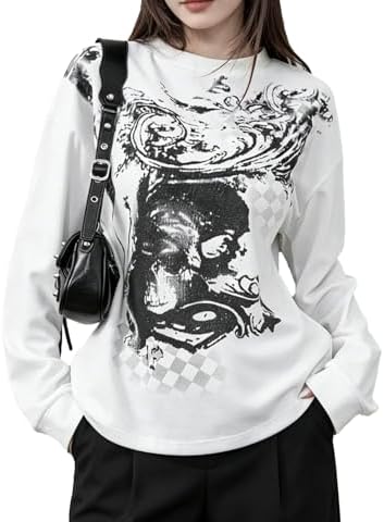 Womens Y2K Gothic Graphic Ribbed Sweatshirts Vintage Punk Long Sleeve Tops Grunge Streetwear Going Out Clothes - White2
