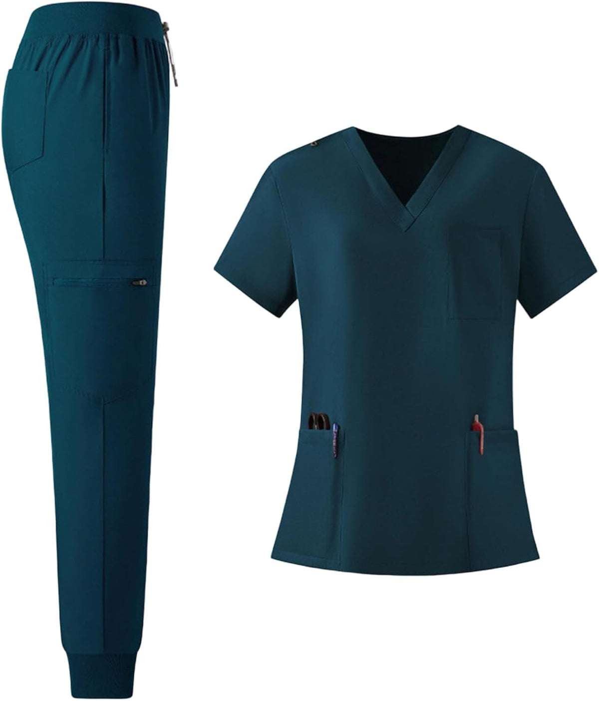 Women’s Medical Scrubs 2 Piece Set - V-Neck Quick-Dry Stretch Nurse Uniform Top & Jogger Pants - 01 Dark Blue