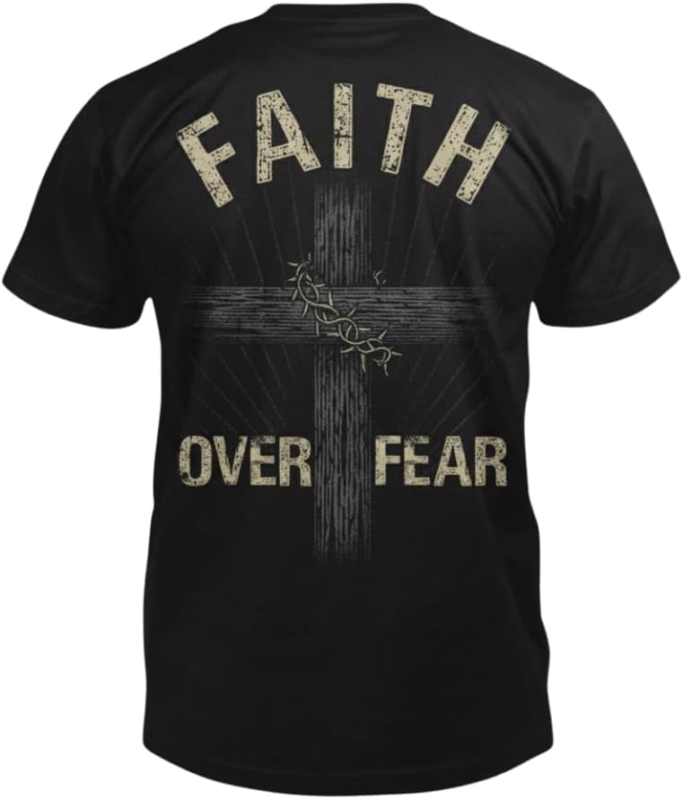 Faith Over Fear Christian Men's T-Shirt - Distressed Faith Graphic Tee, Army Green & Black, S-3XL - Black