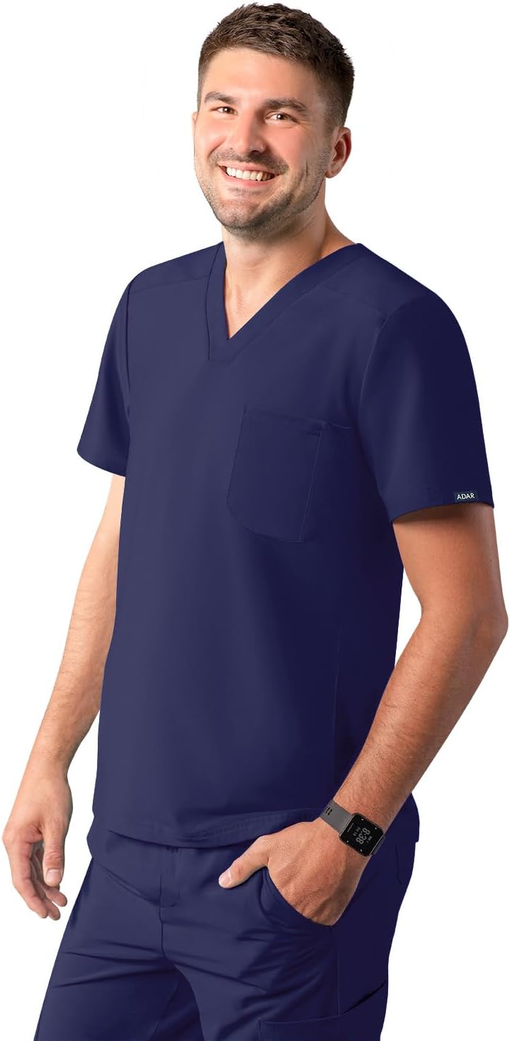 Adar Addition Scrubs for Men - Modern Multi Pocket V-Neck Scrub Top - Navy