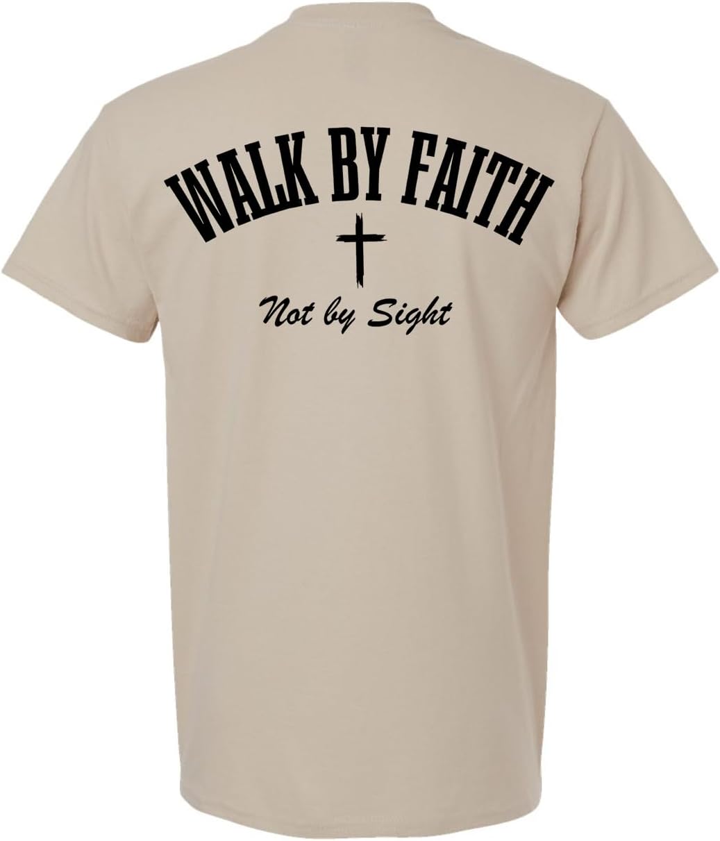 Trenz Shirt Company Men's Christian Faith Short Sleeve T-Shirt - Arched Walk By Faith, Not By Sight Cross Graphic Tee - Sand