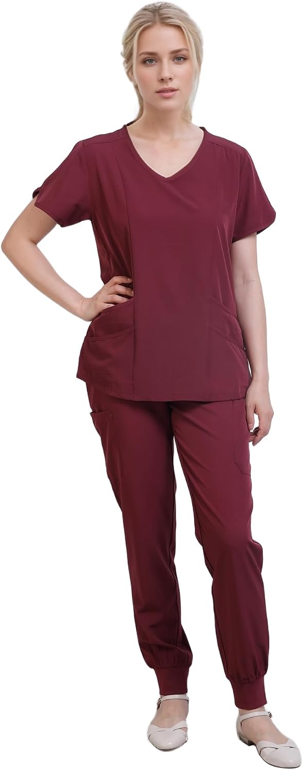 Town Scrubs for Women Scrub Set - Jogger Pant and Comfort Stretch V-Neck Easy Care Uniforms - Red