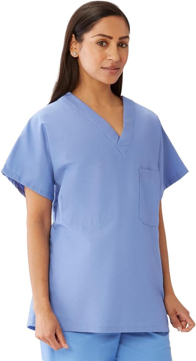 Medline CottonCare Unisex 1-Pocket V-Neck Scrub Top, Ceil Blue, Medium - As Pictured