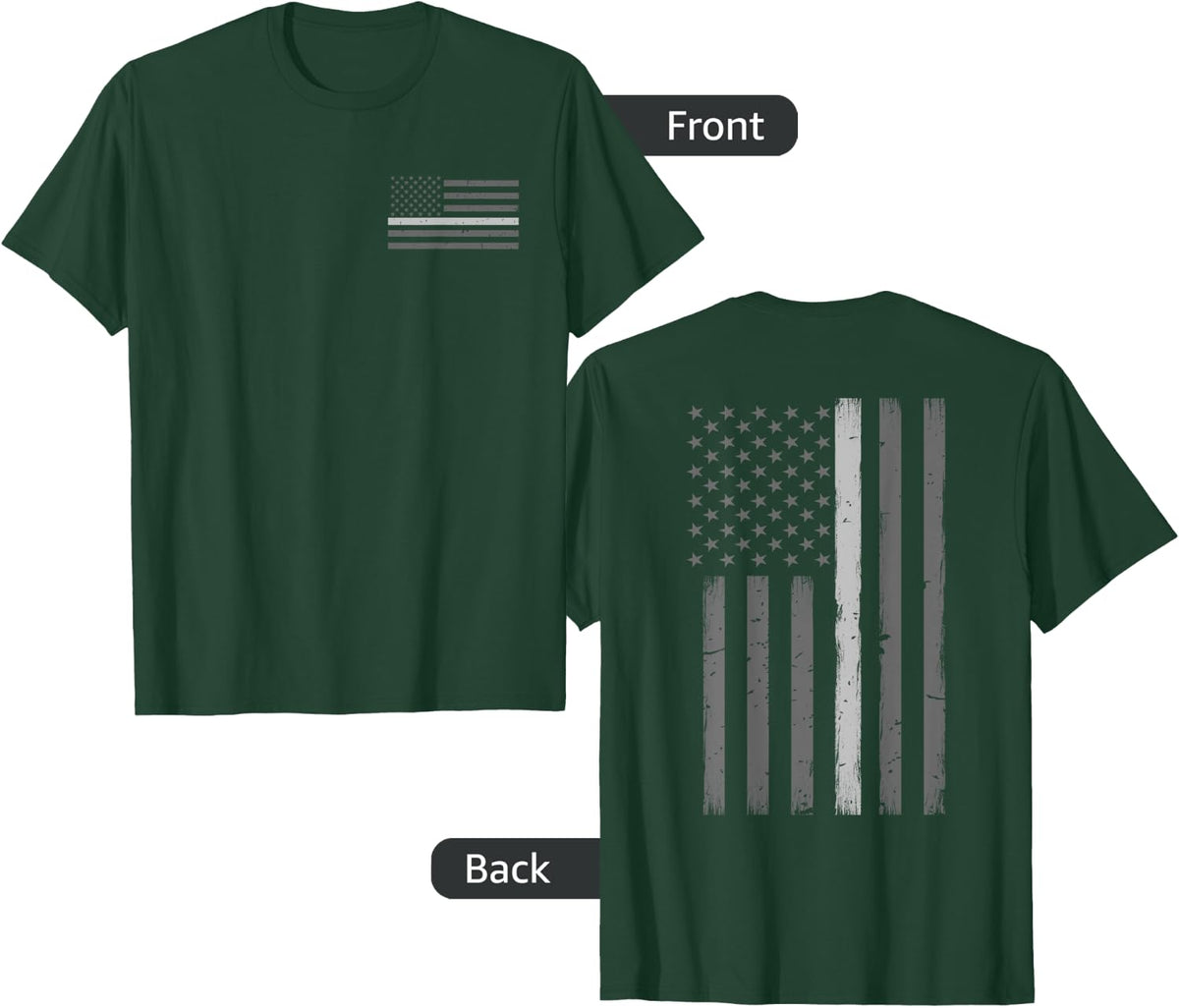 Correctional Officer Thin Silver Line Flag T-Shirt Tee for Corrections Officers - Dark Green