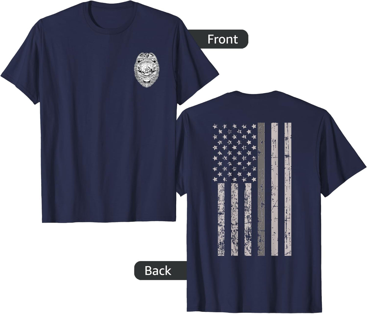 Corrections Officer Gifts Thin Gray Silver Line Flag Tees T-Shirt 2-Sided - Navy Blue