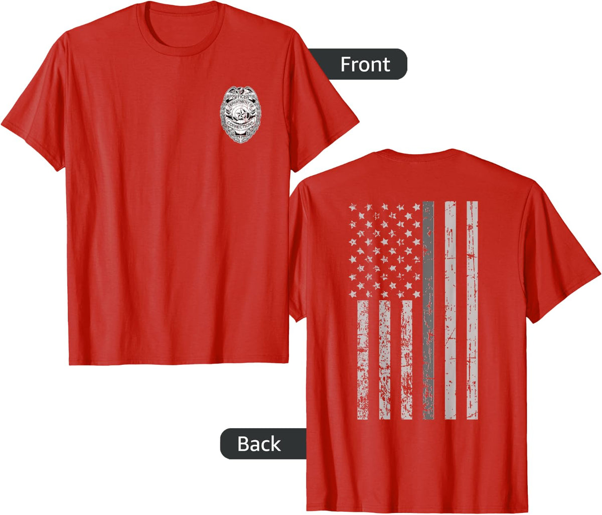 Corrections Officer Gifts Thin Gray Silver Line Flag Tees T-Shirt 2-Sided - Red