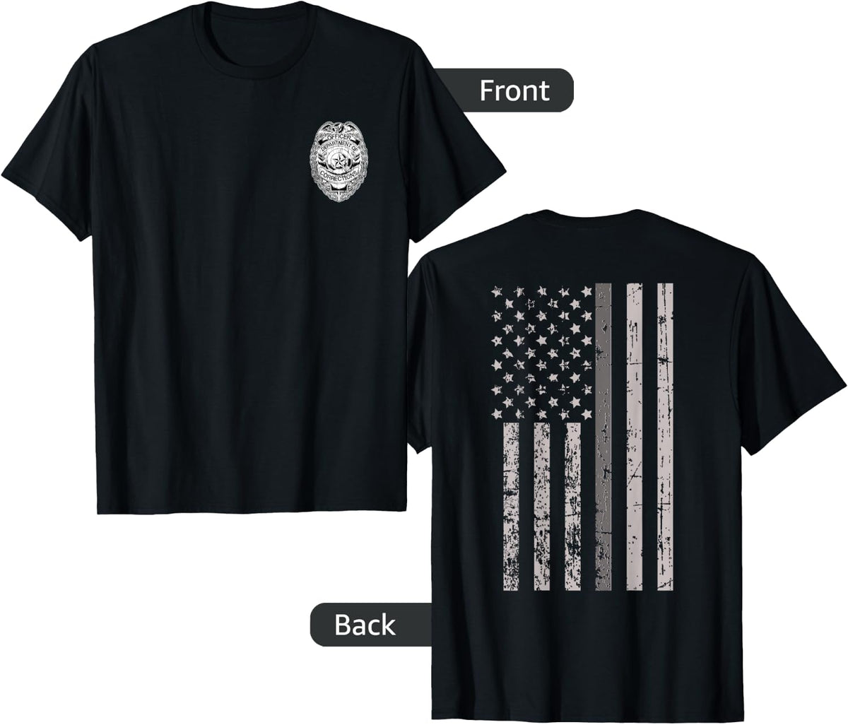 Corrections Officer Gifts Thin Gray Silver Line Flag Tees T-Shirt 2-Sided - Black