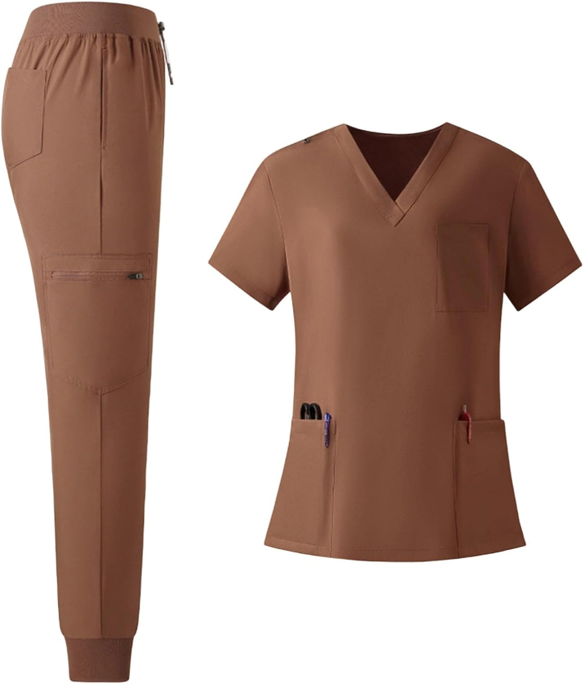 Women’s Medical Scrubs 2 Piece Set - V-Neck Quick-Dry Stretch Nurse Uniform Top & Jogger Pants - 01 Brown