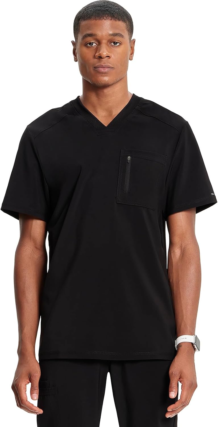 Cherokee Infinity Mens Scrubs Top V-Neck Modern Fit 2 Pocket 360° Stretch - Black