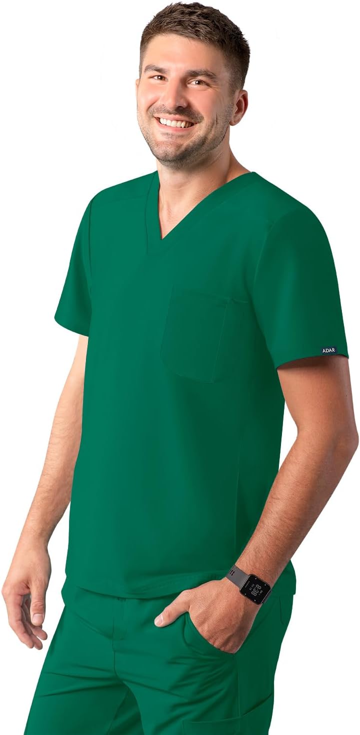 Adar Addition Scrubs for Men - Modern Multi Pocket V-Neck Scrub Top - Hunter Green