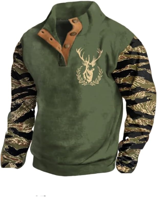 Men's Vintage Western Print Stand Collar Button-Down Sweatshirt Elk Camo Jacket - Green