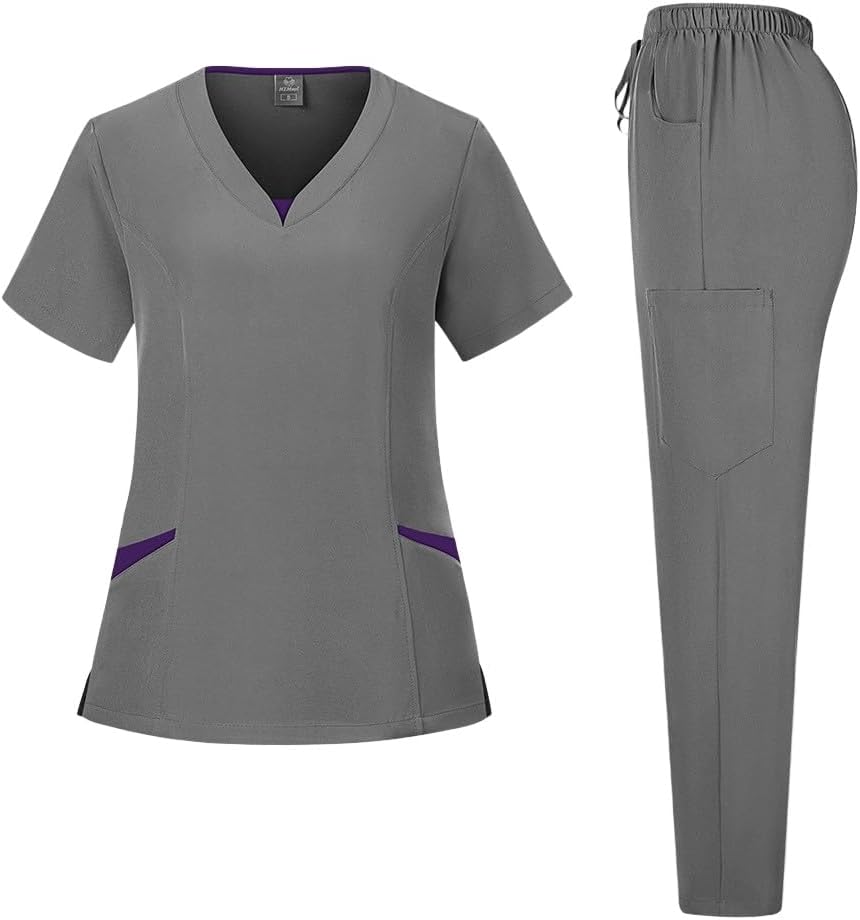 Women’s Medical Scrubs 2 Piece Set - V-Neck Quick-Dry Stretch Nurse Uniform Top & Jogger Pants - 02 Gray