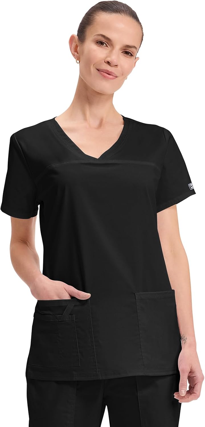 Cherokee WW Core Stretch Scrub Tops Women V-Neck 3 Pockets - Black