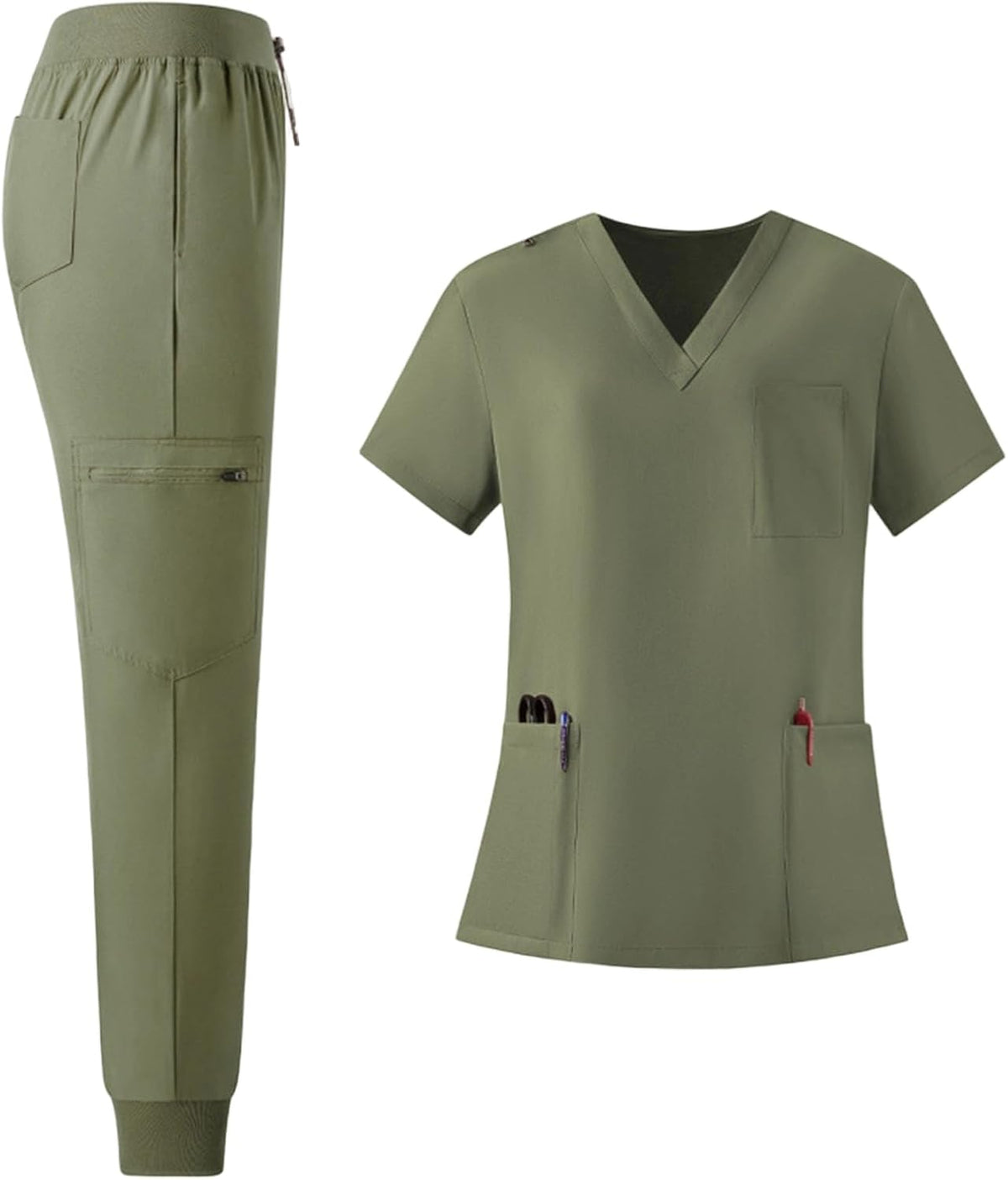 Women’s Medical Scrubs 2 Piece Set - V-Neck Quick-Dry Stretch Nurse Uniform Top & Jogger Pants - 01 Green