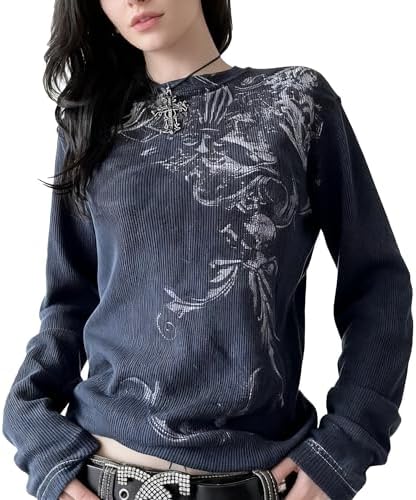 Womens Y2K Gothic Graphic Ribbed Sweatshirts Vintage Punk Long Sleeve Tops Grunge Streetwear Going Out Clothes - Blue1