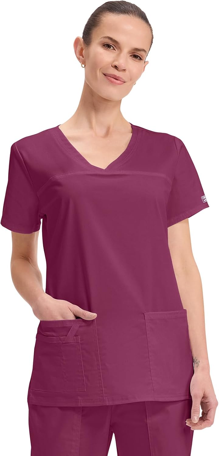 Cherokee WW Core Stretch Scrub Tops Women V-Neck 3 Pockets - Wine