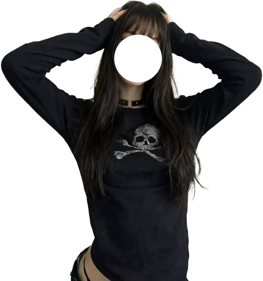 Y2K Grunge Graphic T-Shirt Women Vintage Goth Long Sleeve Pullovers Tops - Type 11