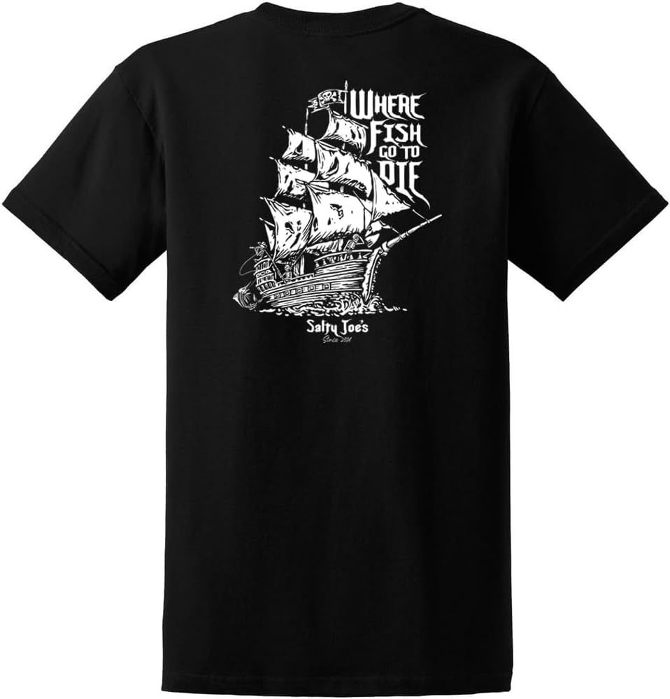 SALTY JOES Men's Skeleton Ship Logo Heavyweight Tees - Black \/ White Skeleton Ship Logo