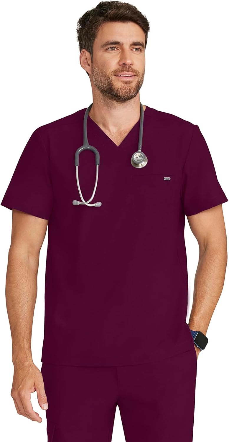 Healing Hands Quest Mens Scrubs Top V-Neck 1 Pocket 360° Stretch - Wine