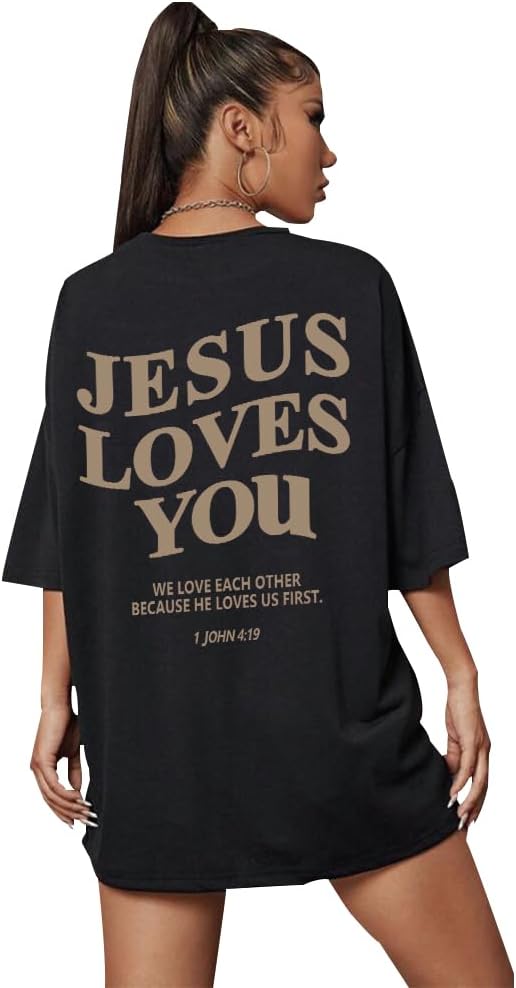 Jesus Loves You Round Neck Oversized Jesus is King T Shirts Half Sleeve Drop Shoulder Tee - Black