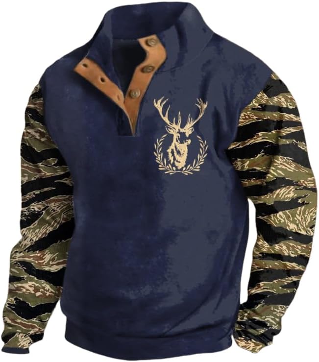 Men's Vintage Western Print Stand Collar Button-Down Sweatshirt Elk Camo Jacket - Navy
