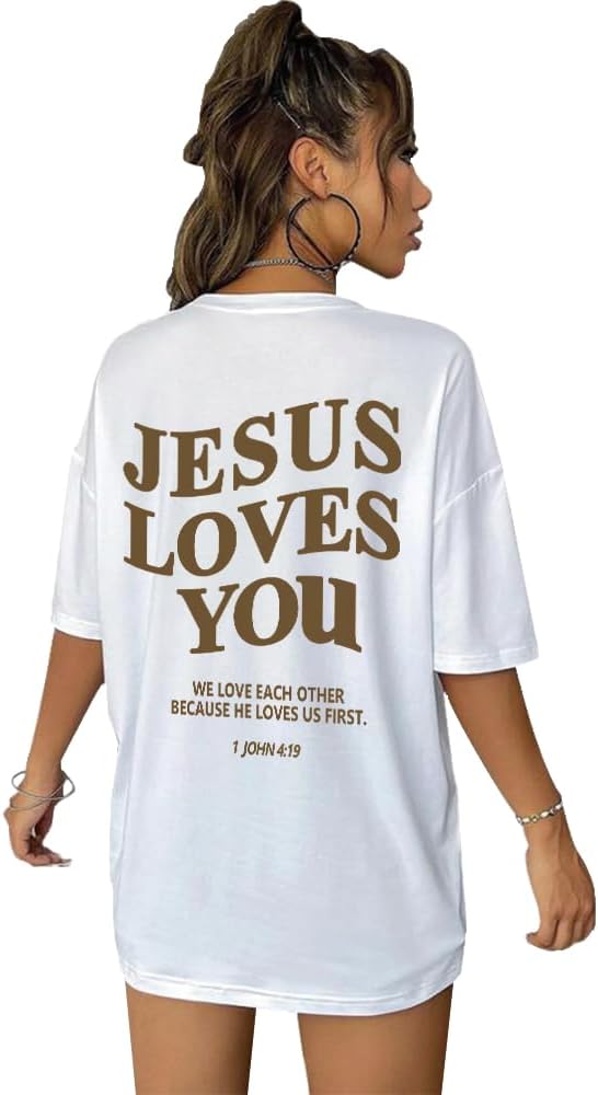 Jesus Loves You Round Neck Oversized Jesus is King T Shirts Half Sleeve Drop Shoulder Tee - White