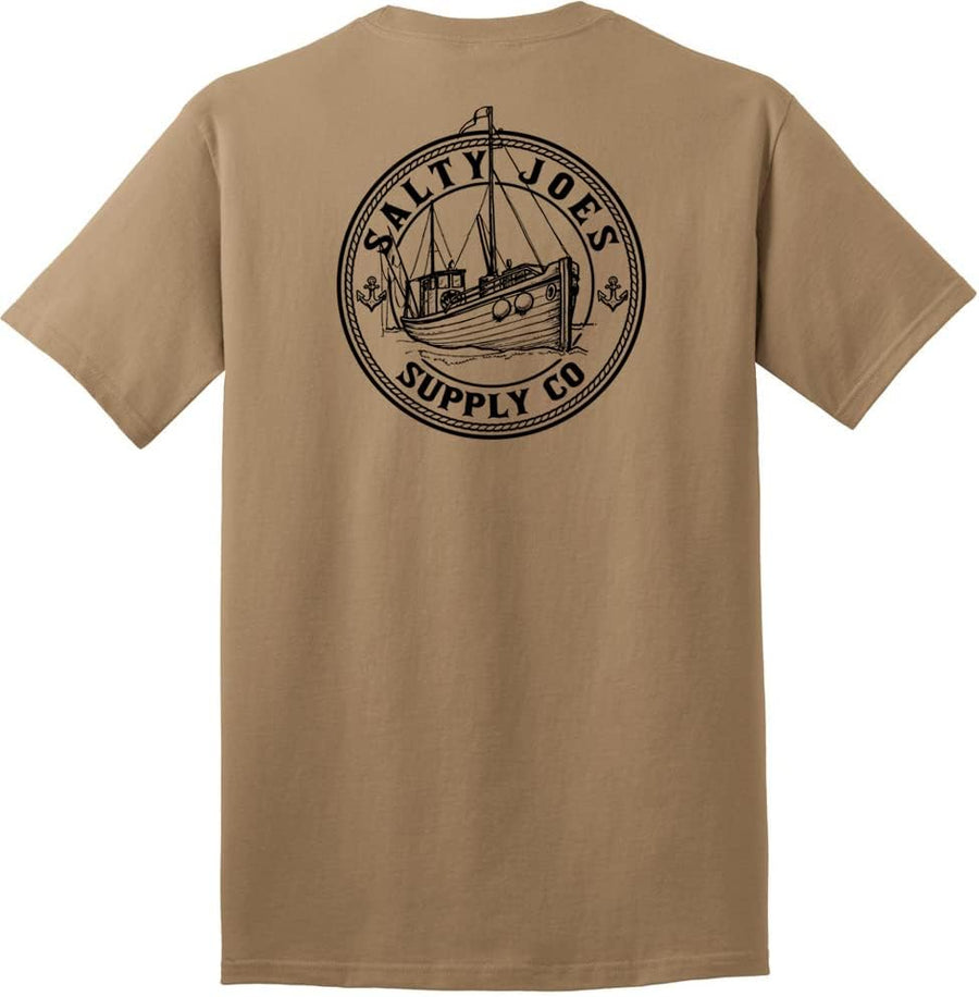SALTY JOES Men's Graphic Logo Heavyweight Cotton T-Shirts in Regular, Big and Tall - Sand \/ Black Fishing Trawler Design
