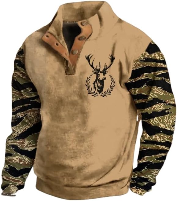 Men's Vintage Western Print Stand Collar Button-Down Sweatshirt Elk Camo Jacket - Khaki