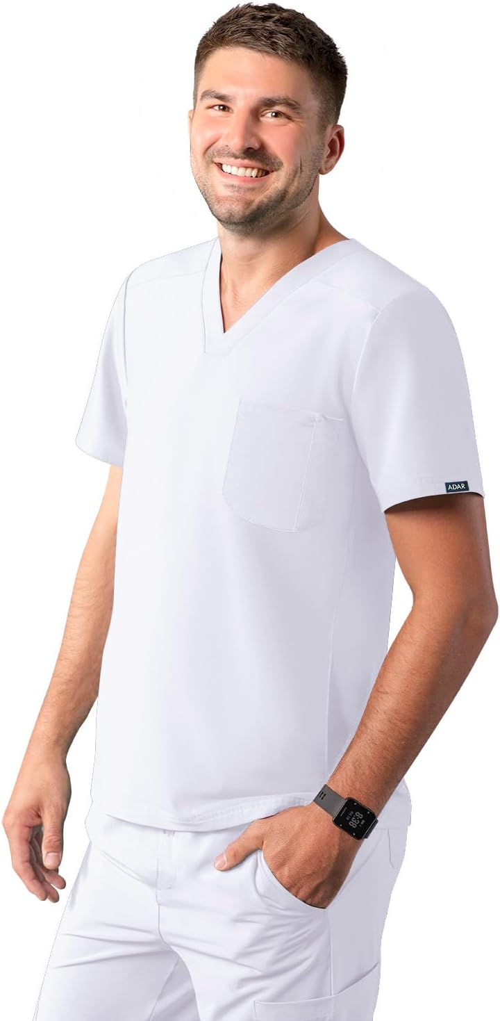 Adar Addition Scrubs for Men - Modern Multi Pocket V-Neck Scrub Top - White