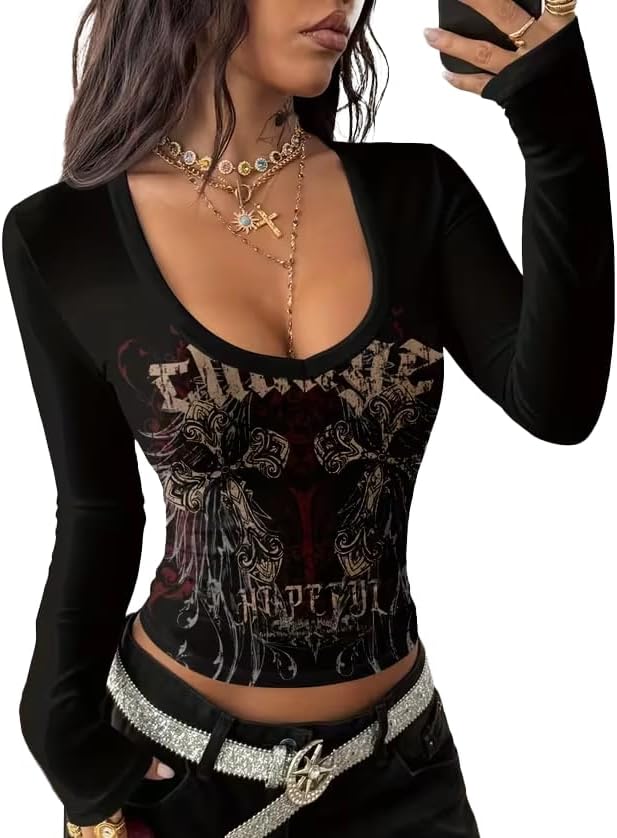 Y2k Grunge Vintage Shirts Women Graphic Long Sleeve Streetwear Goth Tops - Black5