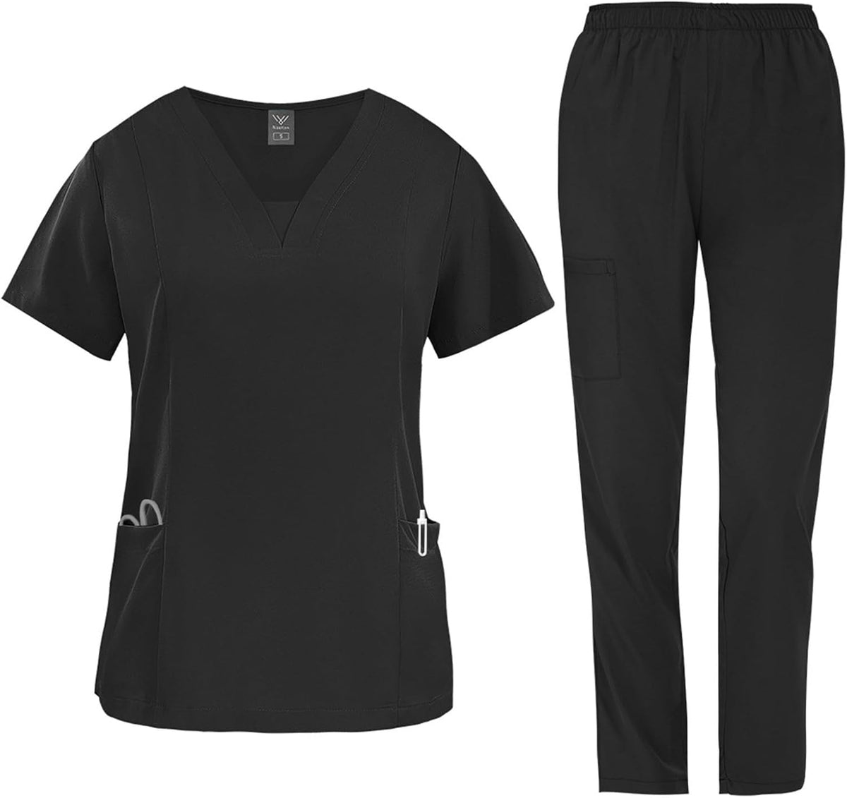 2 Pcs Scrubs Sets for Women Stretch Wide Leg Pants & V-Neck Short Sleeve Tops Plus Size Medical Scrub Sets - 4b Black