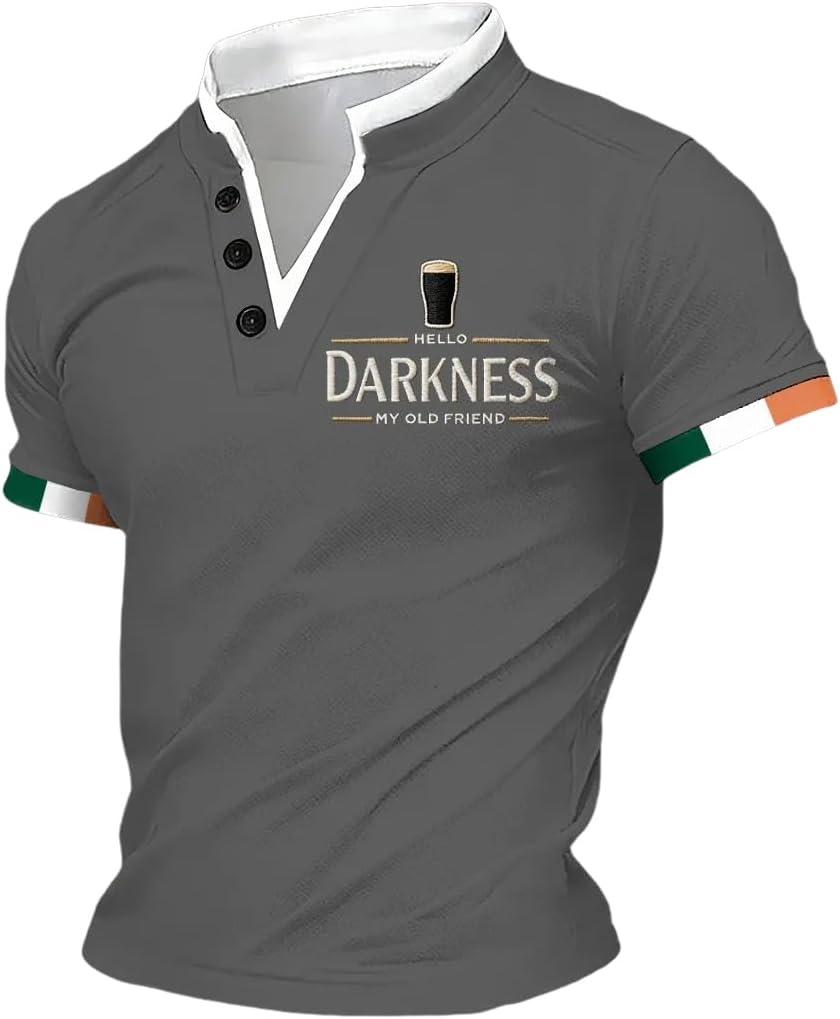 Men's Hello Darkness My Old Friend Double Layer Collar T-Shirt Funny Irish Drinking Tee Gifts - Gray