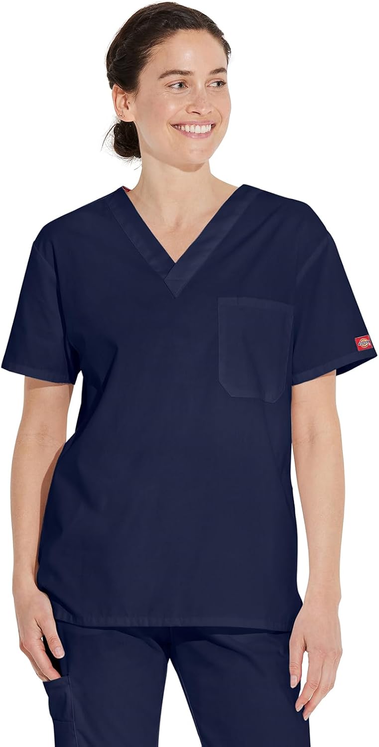 Dickies EDS Signature Scrubs for Women and Scrubs for Men, Unisex One Pocket V-Neck Top in Soft Brushed Poplin 83706 - Navy