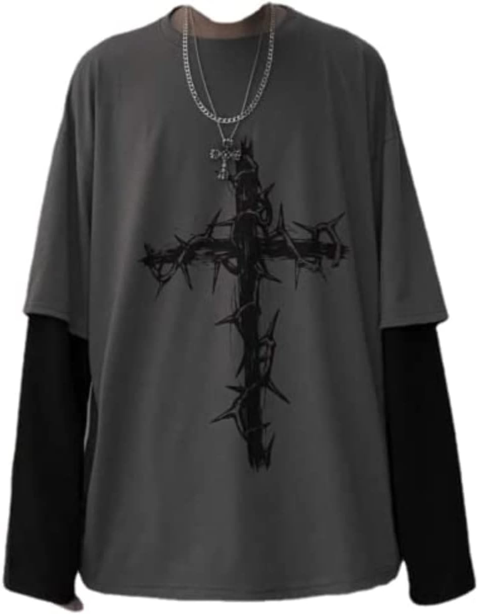 Goth Shirt Gothic Shirt Fake Two-Piece Alternative Clothing Goth Long Sleeve Top Grunge Clothes - Gray