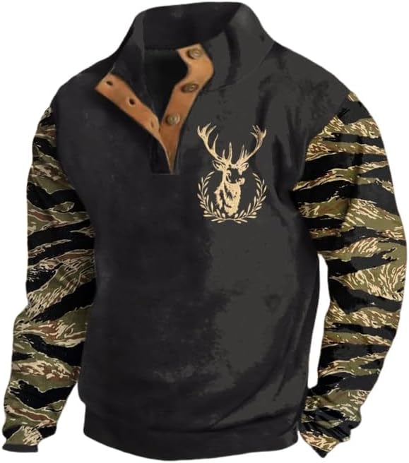 Men's Vintage Western Print Stand Collar Button-Down Sweatshirt Elk Camo Jacket - Black