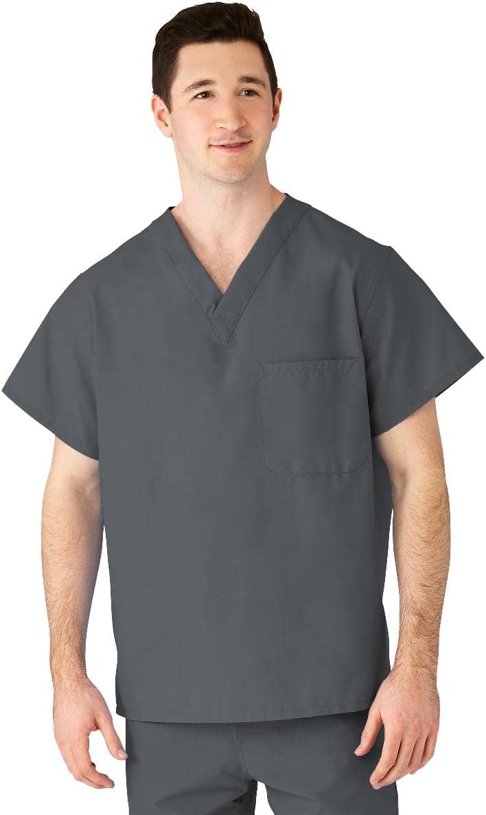 Medline AngelStat Unisex 1-Pocket V-Neck Scrub Top, Charcoal, Small - As Pictured