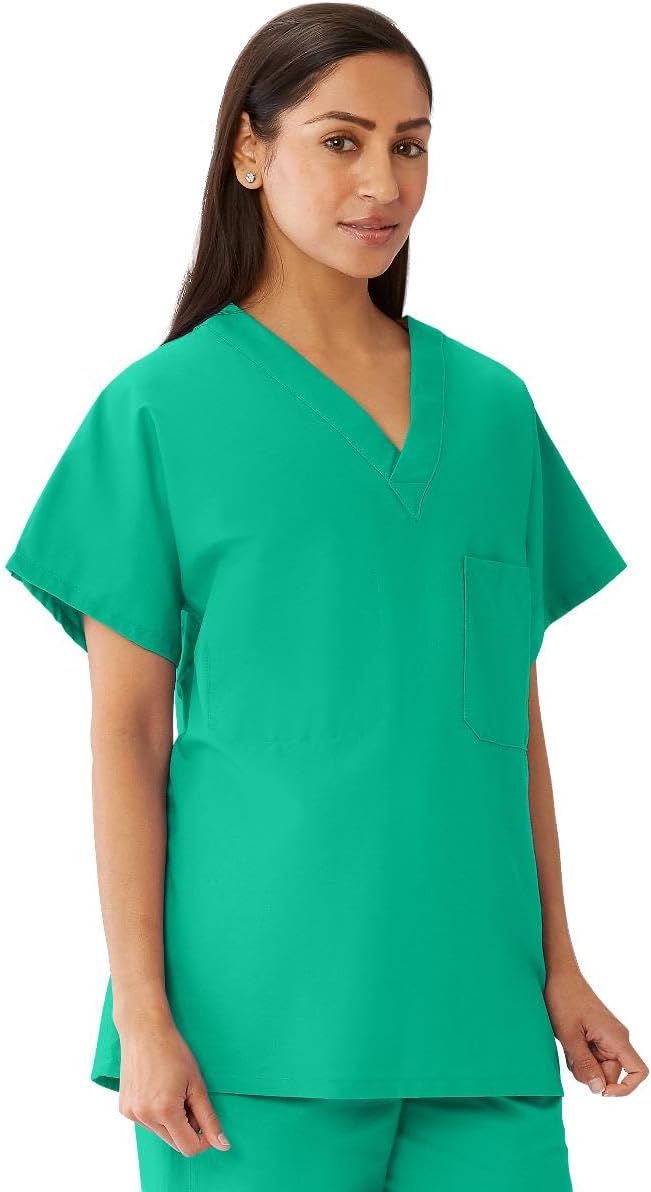 Medline CottonCare Unisex 1-Pocket V-Neck Scrub Top, Jade, X-Large - As Pictured