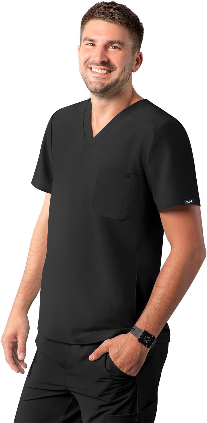 Adar Addition Scrubs for Men - Modern Multi Pocket V-Neck Scrub Top - Black