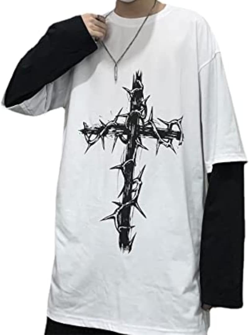Goth Shirt Gothic Shirt Fake Two-Piece Alternative Clothing Goth Long Sleeve Top Grunge Clothes - White