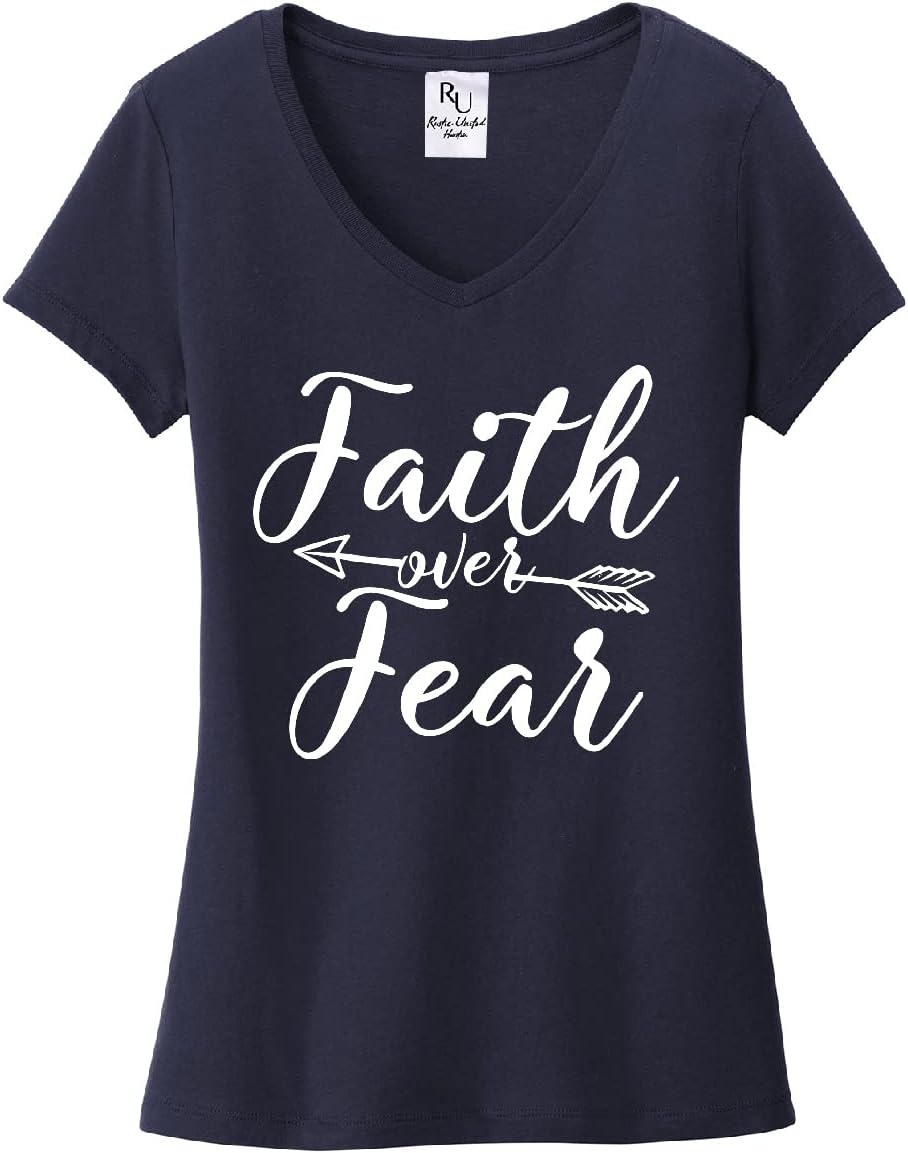 Faith Over Fear T-Shirt Casual Short Sleeve Vneck Women Spiritual Graphic Tees - Heather Midnight Navy
