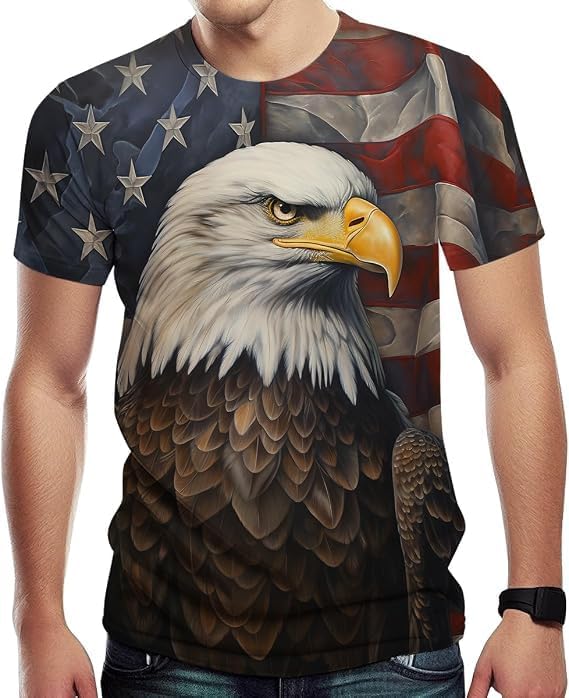 Men's American Flag Graphic T Shirt Patriotic Eagle Skull USA Independence Day Short Sleeve Crewneck Tee - Red White Blue