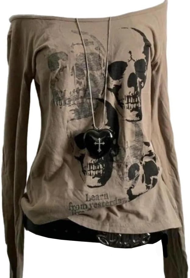 Y2k Grunge Vintage Shirts Women Graphic Long Sleeve Streetwear Goth Tops - Brown