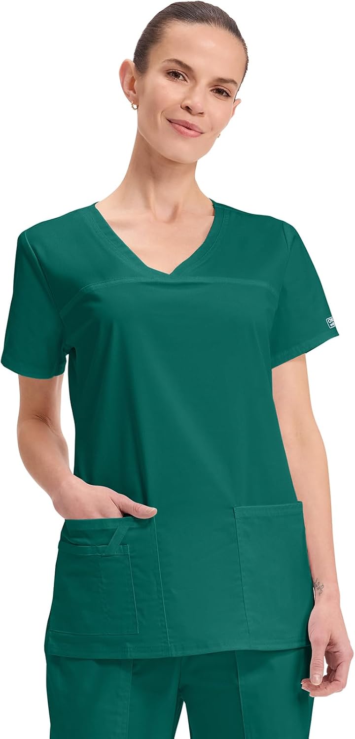 Cherokee WW Core Stretch Scrub Tops Women V-Neck 3 Pockets - Hunter Green