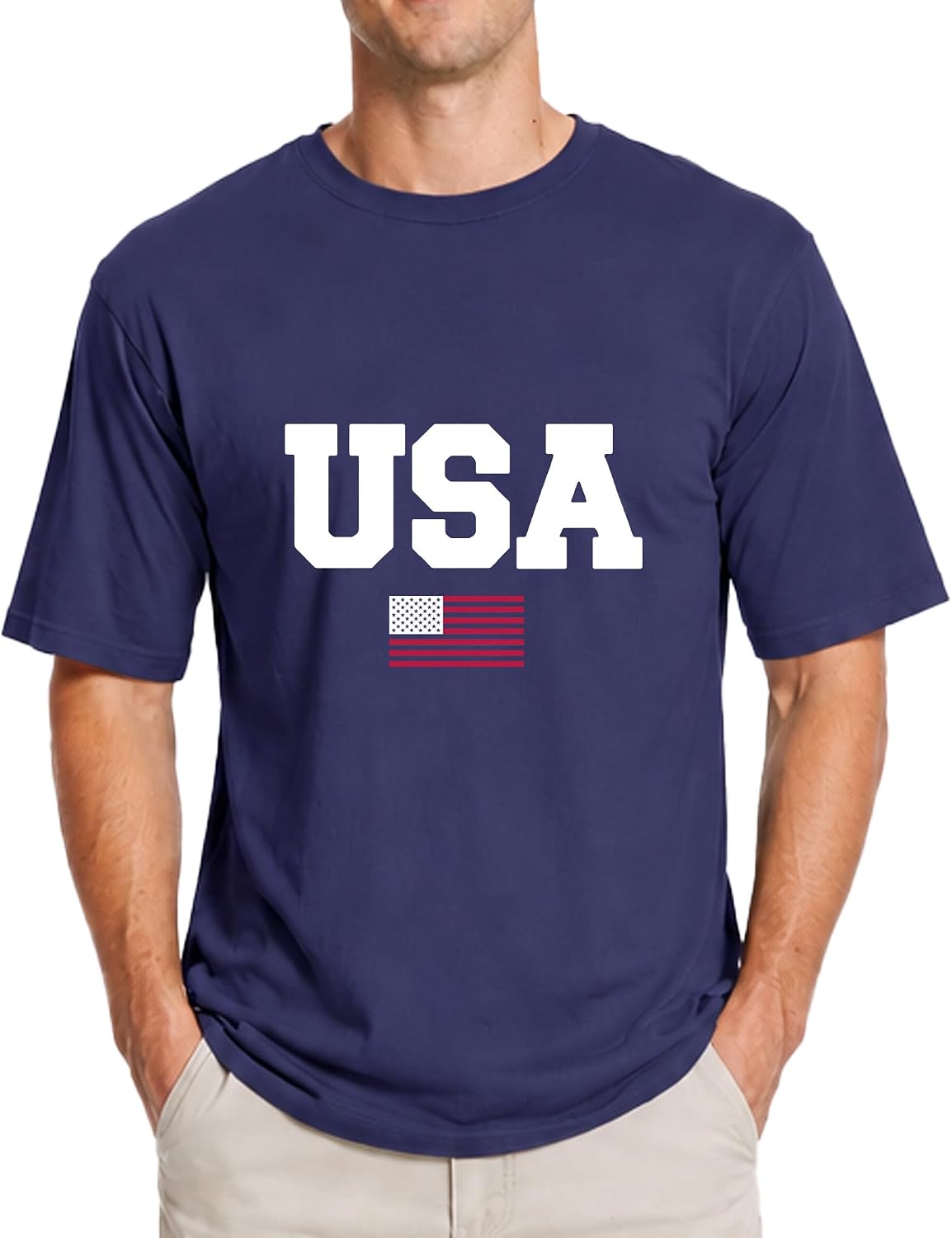 Men Graphic T Shirt American Flag 100% Cotton Patriotic USA Crewneck Tee - Navy Blue
